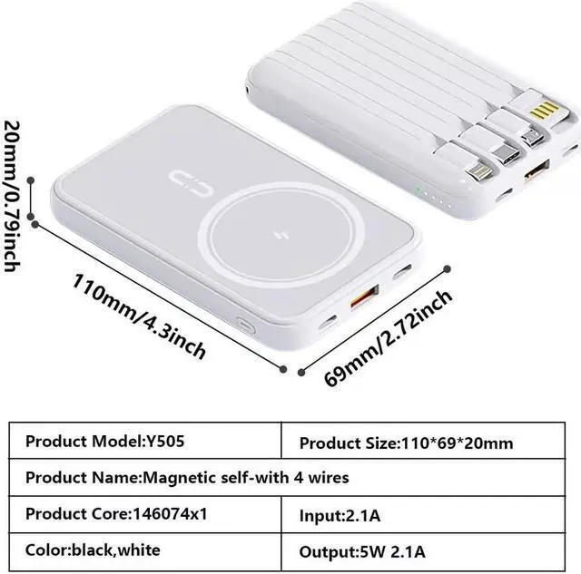 Alt view image 4 of 7 - 10000mAh Power Bank 15W Magnetic Fast Charging External Battery Wireless Charger with 4lines Cable for iPhone 15/14/13 xiaomi