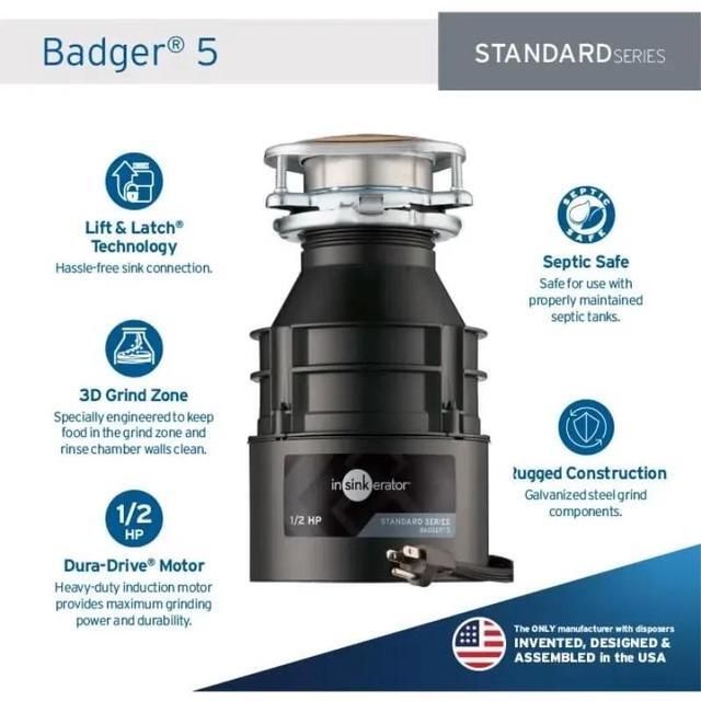 Alt view image 4 of 5 - InSinkErator Badger 5 Garbage Disposal with Power Cord, Standard Series 1/2 HP Continuous Feed Food Waste Disposer, Badger 5 W/C