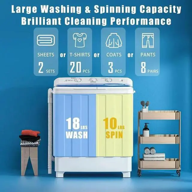 Alt view image 2 of 6 - Portable Washing Machine, 28lbs Twin Tub Washer Mini Compact Laundry Machine with Drain Pump