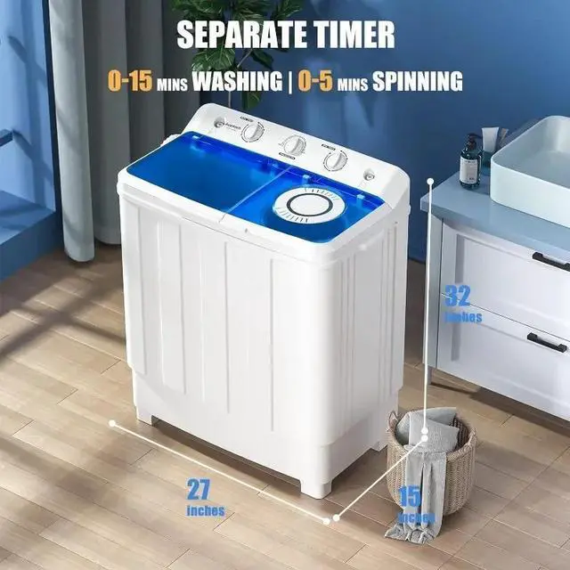 Alt view image 3 of 6 - Portable Washing Machine, 28lbs Twin Tub Washer Mini Compact Laundry Machine with Drain Pump