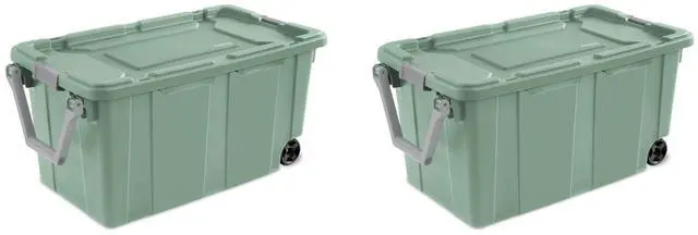 Main image of Sterilite 40 Gallon Wheeled Industrial Tote Plastic Adult, Green Sage, Set of 2
