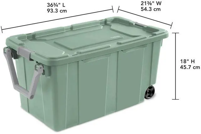 Alt view image 2 of 7 - Sterilite 40 Gallon Wheeled Industrial Tote Plastic Adult, Green Sage, Set of 2