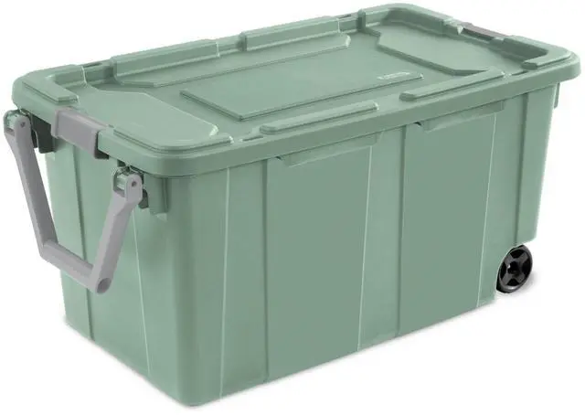 Alt view image 6 of 7 - Sterilite 40 Gallon Wheeled Industrial Tote Plastic Adult, Green Sage, Set of 2