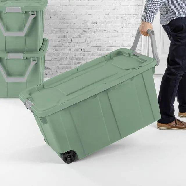 Alt view image 4 of 7 - Sterilite 40 Gallon Wheeled Industrial Tote Plastic Adult, Green Sage, Set of 2