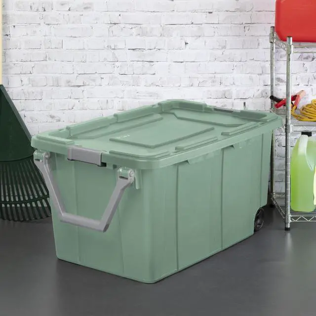 Alt view image 3 of 7 - Sterilite 40 Gallon Wheeled Industrial Tote Plastic Adult, Green Sage, Set of 2