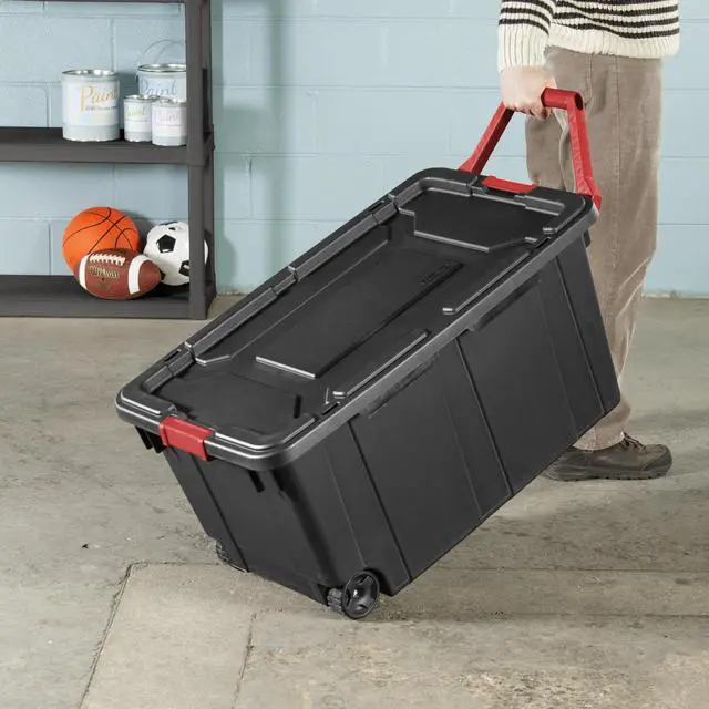 Alt view image 4 of 7 - Sterilite 40 Gallon Wheeled Industrial Tote Plastic Adult, Green Sage, Set of 2 Black