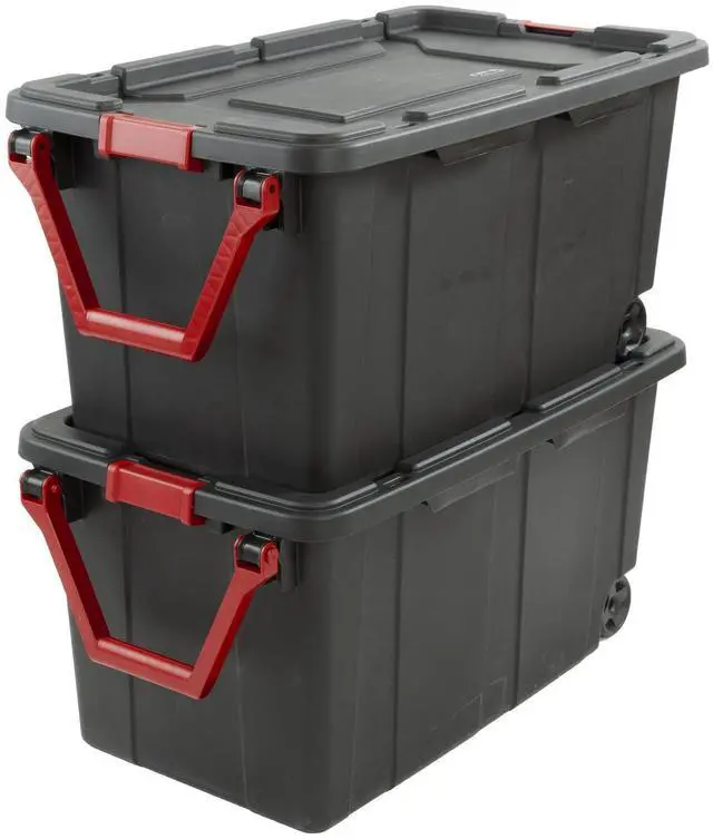 Alt view image 3 of 7 - Sterilite 40 Gallon Wheeled Industrial Tote Plastic Adult, Green Sage, Set of 2 Black