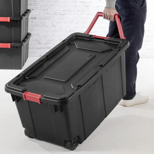 Alt view image 5 of 7 - Sterilite 40 Gallon Wheeled Industrial Tote Plastic Adult, Green Sage, Set of 2 Black