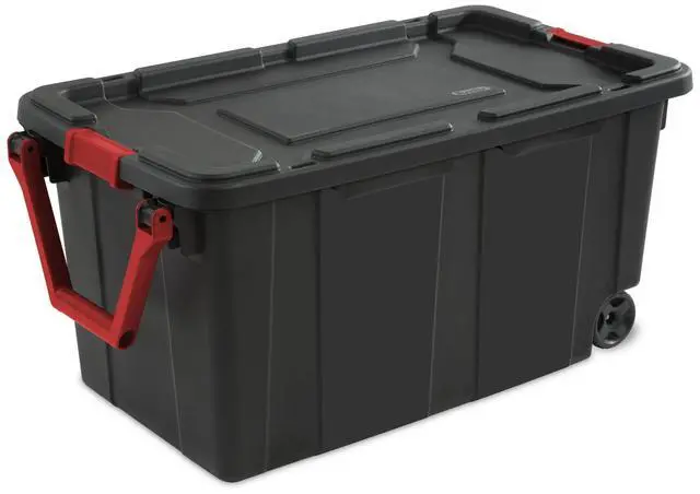 Alt view image 6 of 7 - Sterilite 40 Gallon Wheeled Industrial Tote Plastic Adult, Green Sage, Set of 2 Black