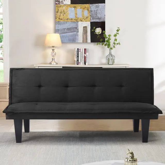 Main image of Black Futon Sofa Bed,Modern Faux Suede Convertible Sofa Bed with 3 Adjustable Backrest Angles,Loveseat Sleeper Couch for Living Room Apartment Furniture