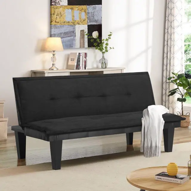 Alt view image 2 of 7 - Black Futon Sofa Bed,Modern Faux Suede Convertible Sofa Bed with 3 Adjustable Backrest Angles,Loveseat Sleeper Couch for Living Room Apartment Furniture