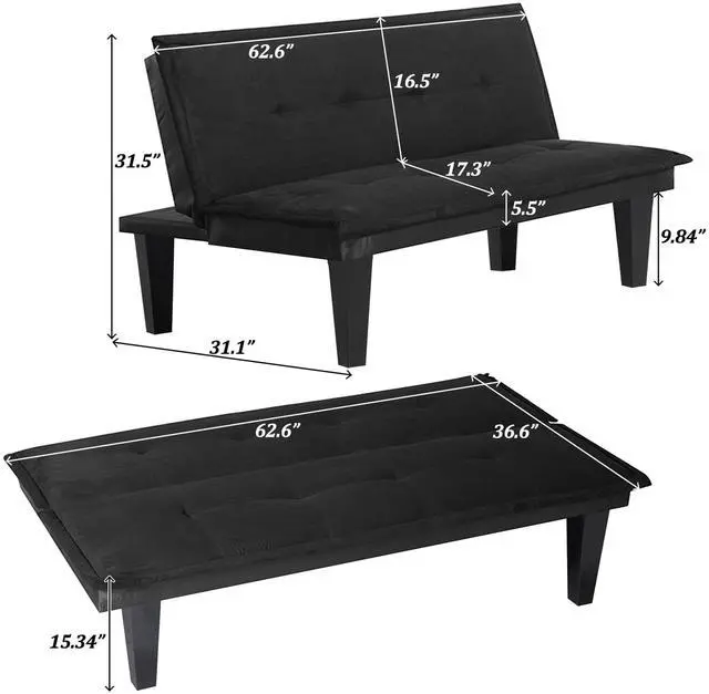 Alt view image 3 of 7 - Black Futon Sofa Bed,Modern Faux Suede Convertible Sofa Bed with 3 Adjustable Backrest Angles,Loveseat Sleeper Couch for Living Room Apartment Furniture