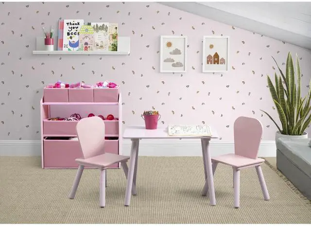 Alt view image 2 of 7 - Delta Children 4-Piece Toddler Playroom Set  Includes Play Table, 2 Chairs and 6 Bin Toy Organizer with Reusable Vinyl Cling Stickers, Light Pink/Dark Pink