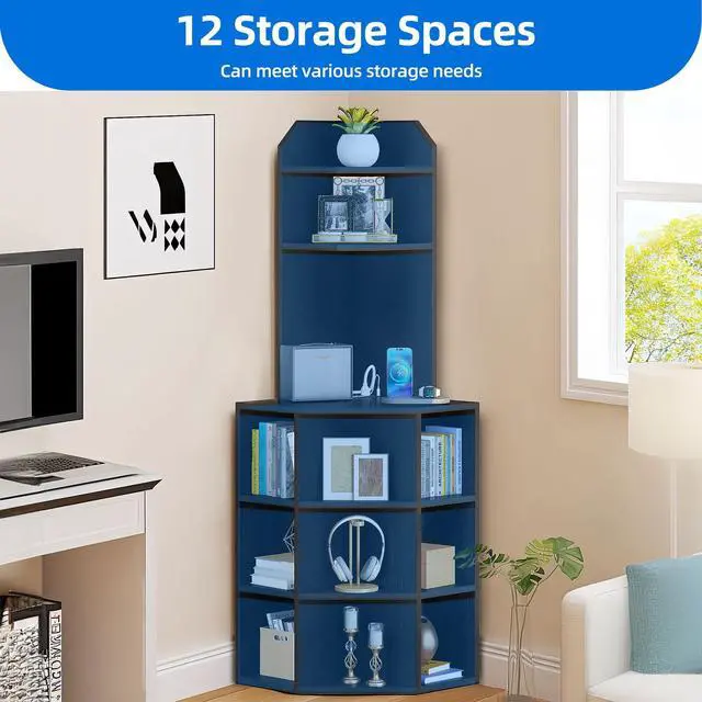Alt view image 3 of 6 - Dextrus 5-Tier Corner Shelf with USB Ports and Outlets, Corner Bookshelf Bookcase Display Shelves Rack Storage Corner Bar Cabinet for Living Room, Home Office, Kitchen Black