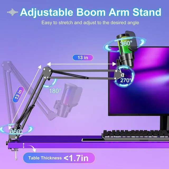 Alt view image 2 of 7 - ALILYY Gaming USB Microphone,Noise Cancellation Condenser mic with Boom Arm,Mute, Gain, Monitoring, Gaming Microphone for Phone,PC,Computer,PS4,PS5,Mac,Streaming,Podcast,Twitch,YouTube,Discord