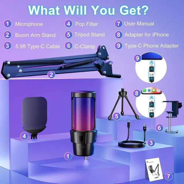 Alt view image 3 of 7 - ALILYY Gaming USB Microphone,Noise Cancellation Condenser mic with Boom Arm,Mute, Gain, Monitoring, Gaming Microphone for Phone,PC,Computer,PS4,PS5,Mac,Streaming,Podcast,Twitch,YouTube,Discord