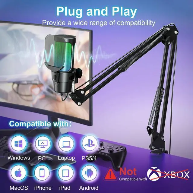 Alt view image 7 of 7 - ALILYY Gaming USB Microphone,Noise Cancellation Condenser mic with Boom Arm,Mute, Gain, Monitoring, Gaming Microphone for Phone,PC,Computer,PS4,PS5,Mac,Streaming,Podcast,Twitch,YouTube,Discord