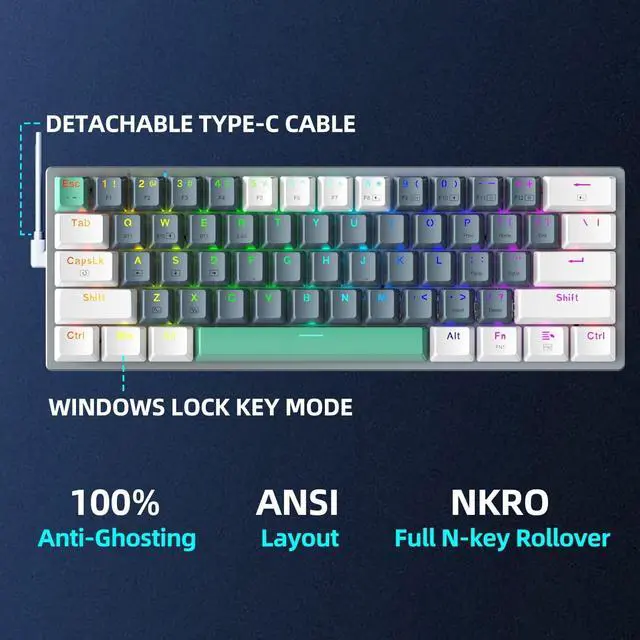 Alt view image 6 of 6 - Machenike K500-B61W 60% Wireless Mechanical Gaming Keyboard, 61 Keys Ultra-Compact Hot Swappable Tactile Brown Switch, Dynamic RGB Backlit, Anti-Ghosting, Double-Shot PBT Keycaps, Win/Mac, White