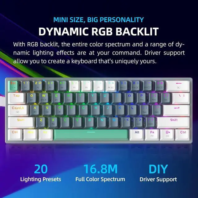 Alt view image 5 of 6 - Machenike K500-B61W 60% Wireless Mechanical Gaming Keyboard, 61 Keys Ultra-Compact Hot Swappable Tactile Brown Switch, Dynamic RGB Backlit, Anti-Ghosting, Double-Shot PBT Keycaps, Win/Mac, White