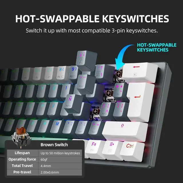 Alt view image 2 of 6 - Machenike K500-B61W 60% Wireless Mechanical Gaming Keyboard, 61 Keys Ultra-Compact Hot Swappable Tactile Brown Switch, Dynamic RGB Backlit, Anti-Ghosting, Double-Shot PBT Keycaps, Win/Mac, White