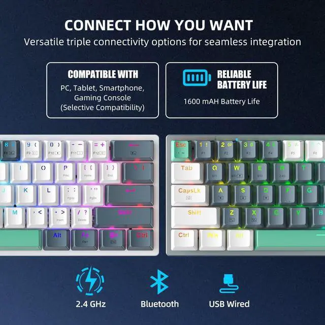 Alt view image 4 of 6 - Machenike K500-B61W 60% Wireless Mechanical Gaming Keyboard, 61 Keys Ultra-Compact Hot Swappable Tactile Brown Switch, Dynamic RGB Backlit, Anti-Ghosting, Double-Shot PBT Keycaps, Win/Mac, White