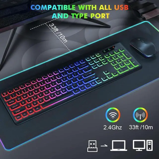 Alt view image 5 of 7 - Wagpak Wireless Keyboard and Mouse Combo RGB Backlit Rechargeable 2.4GHz Quiet 108 keys Keyboard