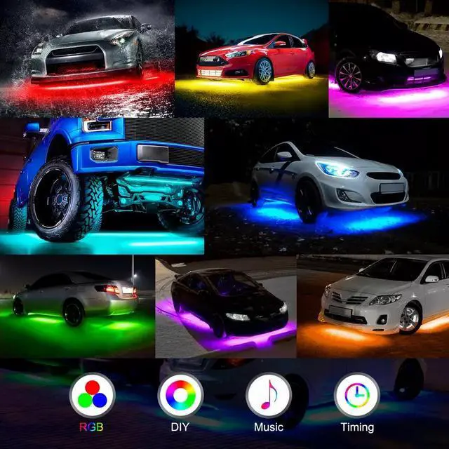 Alt view image 3 of 7 - 4PC 5050 RGB LED Strip Under Car Tube Underglow Underbody System Neon Lights Kit