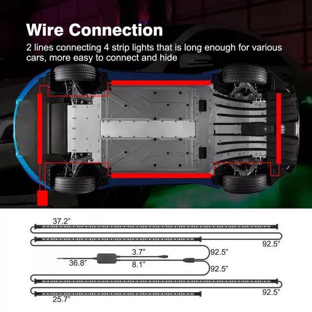 Alt view image 7 of 7 - 4PC 5050 RGB LED Strip Under Car Tube Underglow Underbody System Neon Lights Kit