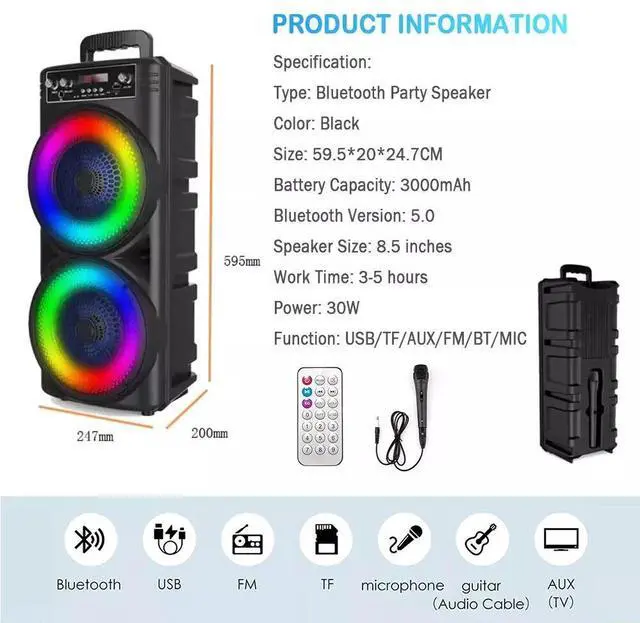 Alt view image 7 of 7 - 6000W Dual 8" Bluetooth Speaker Sub woofer Heavy Bass Sound System Party + Mic