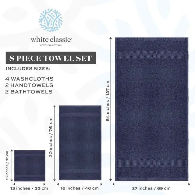 Alt view image 4 of 7 - Classic Luxury Ivory Bath Towel Set - Combed Cotton Hotel Quality Absorbent 8 Piece Towels | 2 Bath Towels | 2 Hand Towels | 4 Washcloths - 8 Pack | Ivory Navy Blue