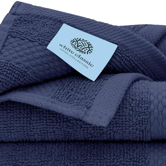 Alt view image 2 of 7 - Classic Luxury Ivory Bath Towel Set - Combed Cotton Hotel Quality Absorbent 8 Piece Towels | 2 Bath Towels | 2 Hand Towels | 4 Washcloths - 8 Pack | Ivory Navy Blue