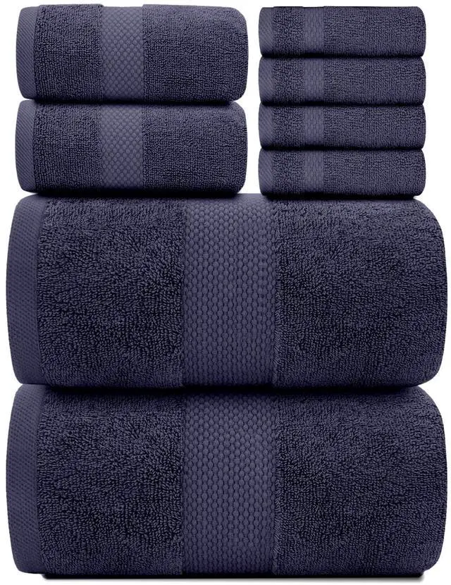 Main image of Classic Luxury Ivory Bath Towel Set - Combed Cotton Hotel Quality Absorbent 8 Piece Towels | 2 Bath Towels | 2 Hand Towels | 4 Washcloths - 8 Pack | Ivory Navy Blue