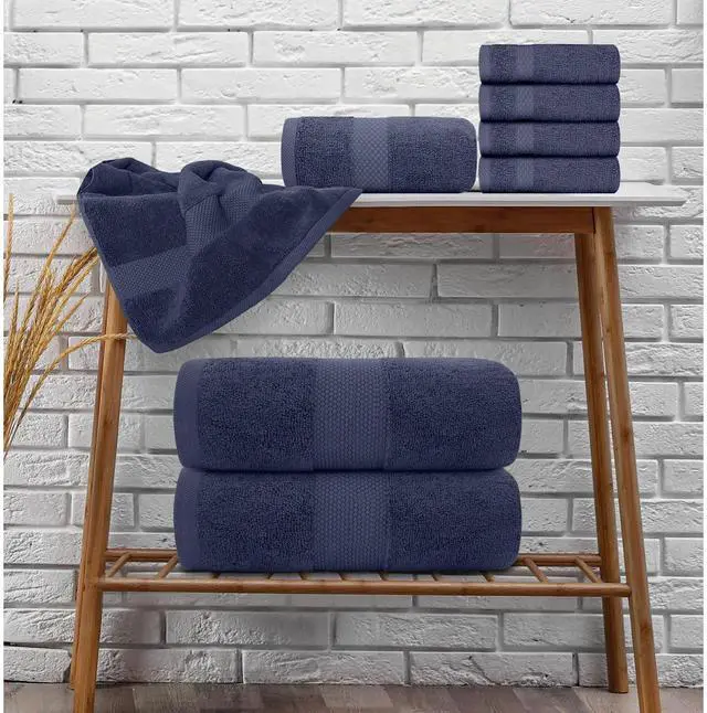 Alt view image 5 of 7 - Classic Luxury Ivory Bath Towel Set - Combed Cotton Hotel Quality Absorbent 8 Piece Towels | 2 Bath Towels | 2 Hand Towels | 4 Washcloths - 8 Pack | Ivory Navy Blue