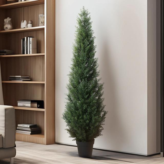 Alt view image 3 of 5 - Artificial Cedar Tree 5 ft Outdoor Artificial Topiary Cedar Plants Fake Tree UV Rated Potted Tree for Porch Decor Faux Pine Tree for Perfect Housewarming Gift 1Pack