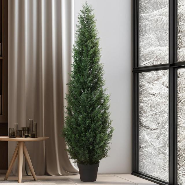 Alt view image 5 of 5 - Artificial Cedar Tree 5 ft Outdoor Artificial Topiary Cedar Plants Fake Tree UV Rated Potted Tree for Porch Decor Faux Pine Tree for Perfect Housewarming Gift 1Pack