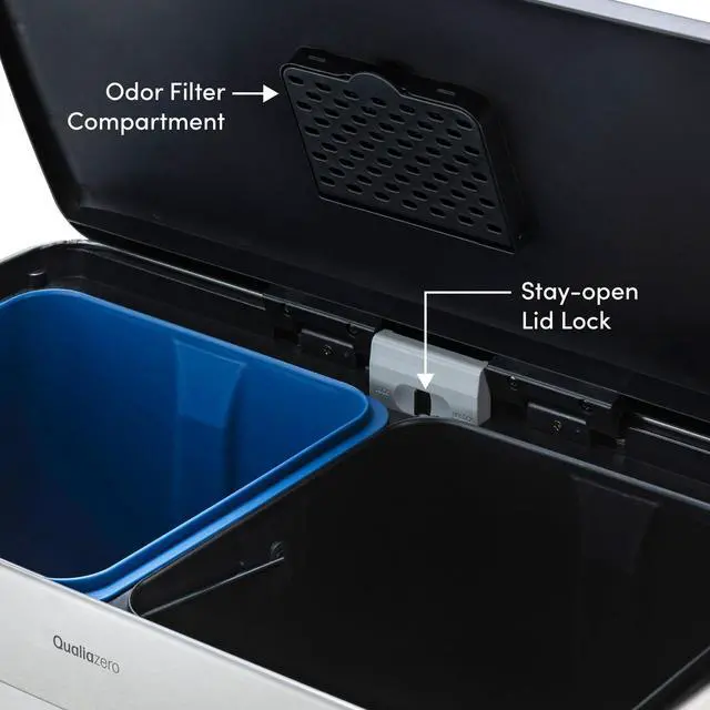 Alt view image 7 of 7 - Qualiazero 16 Gallon Trash Can, 8 Gallon Dual Compartment Step On Kitchen Trash Can, Stainless Steel