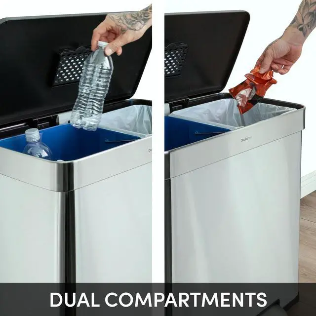Alt view image 6 of 7 - Qualiazero 16 Gallon Trash Can, 8 Gallon Dual Compartment Step On Kitchen Trash Can, Stainless Steel