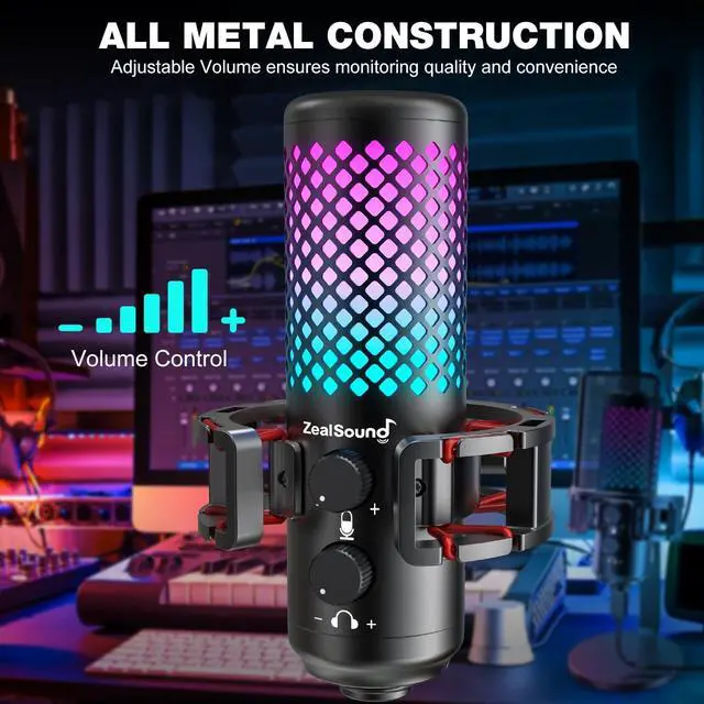 Alt view image 4 of 7 - ZealSound USB Microphone for iPhone iPad Phone PC,RGB Gaming Microphone with Full Metal,Mute,Pop Filter,Gain for Podcasting,Streaming,YouTube,Voice Over