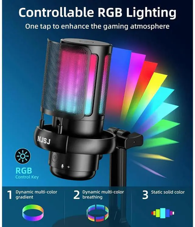 Alt view image 4 of 7 - NJSJ USB Microphone, Gaming Mic for PC,PS4,PS5 and Mac,Condenser Microphone with 9 RGB Light Modes,Mute Button,Gain Control, Headphones Jack,Desk Streaming Mics for Podcast,YouTube