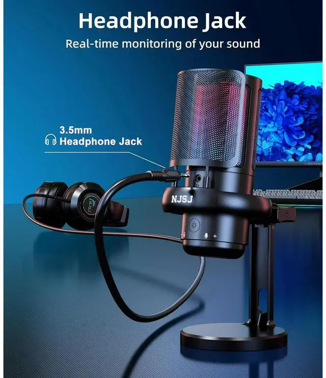 Alt view image 2 of 7 - NJSJ USB Microphone, Gaming Mic for PC,PS4,PS5 and Mac,Condenser Microphone with 9 RGB Light Modes,Mute Button,Gain Control, Headphones Jack,Desk Streaming Mics for Podcast,YouTube