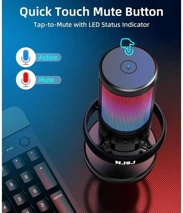 Alt view image 3 of 7 - NJSJ USB Microphone, Gaming Mic for PC,PS4,PS5 and Mac,Condenser Microphone with 9 RGB Light Modes,Mute Button,Gain Control, Headphones Jack,Desk Streaming Mics for Podcast,YouTube
