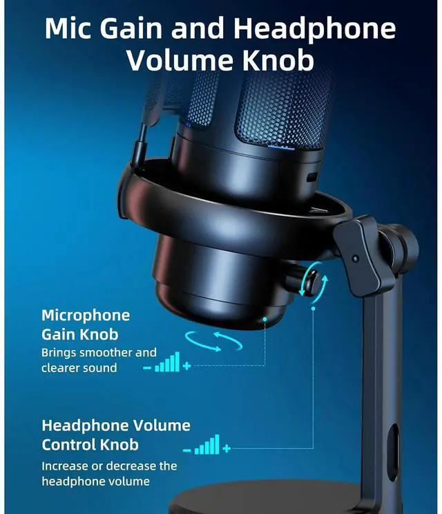 Alt view image 5 of 7 - NJSJ USB Microphone, Gaming Mic for PC,PS4,PS5 and Mac,Condenser Microphone with 9 RGB Light Modes,Mute Button,Gain Control, Headphones Jack,Desk Streaming Mics for Podcast,YouTube
