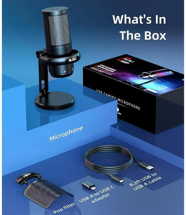 Alt view image 7 of 7 - NJSJ USB Microphone, Gaming Mic for PC,PS4,PS5 and Mac,Condenser Microphone with 9 RGB Light Modes,Mute Button,Gain Control, Headphones Jack,Desk Streaming Mics for Podcast,YouTube