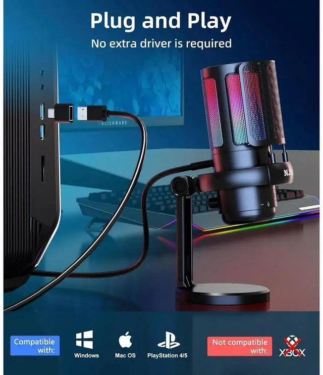 Alt view image 6 of 7 - NJSJ USB Microphone, Gaming Mic for PC,PS4,PS5 and Mac,Condenser Microphone with 9 RGB Light Modes,Mute Button,Gain Control, Headphones Jack,Desk Streaming Mics for Podcast,YouTube