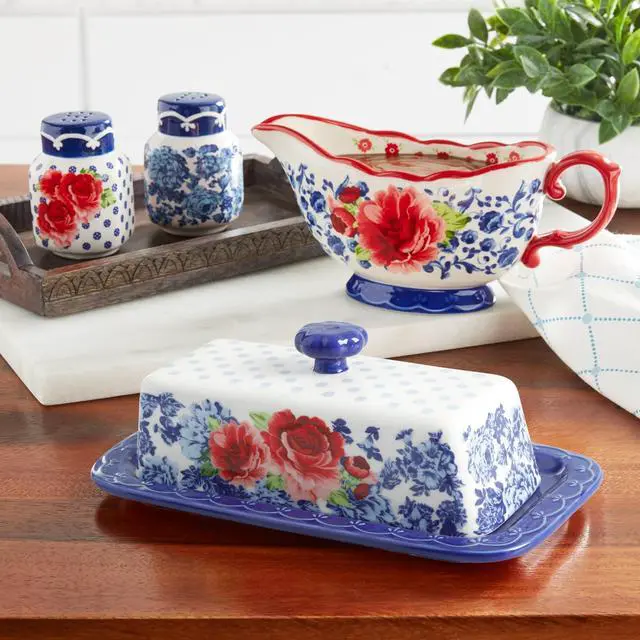 Alt view image 6 of 6 - The Pioneer Woman Frontier Rose Butter Dish w/Lid, Gravy Boat and Salt & Pepper Set, 5 Piece Set