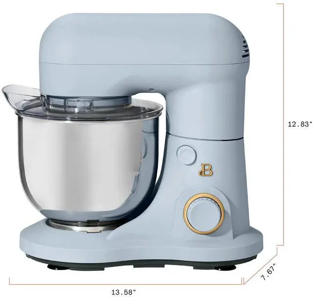 Alt view image 6 of 7 - Beautiful 3.5 Qt Stand Mixer, White Icing with Flat Beater, Dough Hook, Balloon Whisk Blue