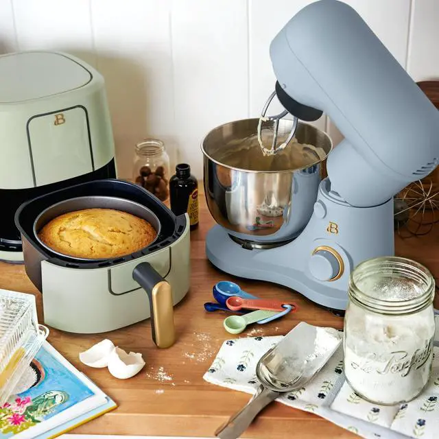 Alt view image 2 of 7 - Beautiful 3.5 Qt Stand Mixer, White Icing with Flat Beater, Dough Hook, Balloon Whisk Blue