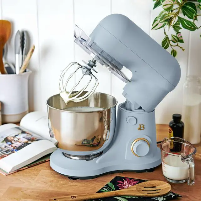 Alt view image 3 of 7 - Beautiful 3.5 Qt Stand Mixer, White Icing with Flat Beater, Dough Hook, Balloon Whisk Blue