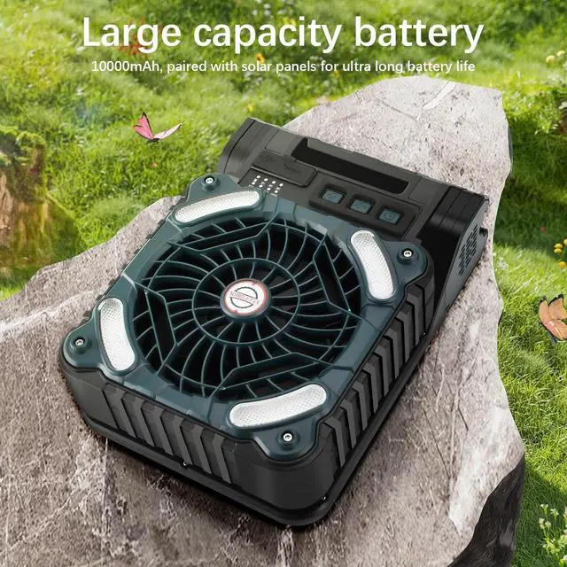 Alt view image 3 of 7 - Solar Camping fan, 10000mAh Camping Fan with Solar Panel, LED Ligh, 4 Speeds USB Rechargeable Solar Powered Fan for Camping Fishing Travel