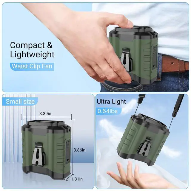Alt view image 3 of 7 - 10000mAh Portable Waist Fan Clip on Wearable Belt Personal Fan Rechargeable Battery operated With 5 Speeds & Flashlight Neck Hands-Free 50H Cooling For Outdoor Camping Travel Fishing green
